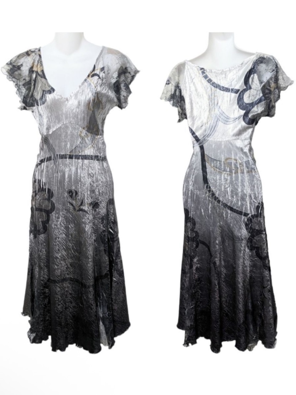 KOMAROV Floral Crinkle Lace Inset Flutter Cap Sleeve Midi Dress S